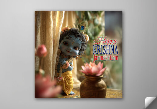 Editable Happy Krishna Janmashtami Greeting Card Social Media Post with 3D Cute Baby Krishna Peeking Behind Curtain and Lotus Flower Pot.