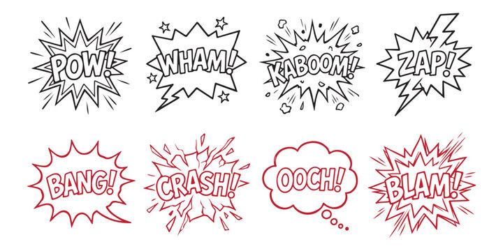 Set of comic book speech bubbles with sound effects like pow wham and kaboom