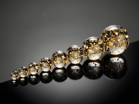 Row of seven clear glass balls filled with golden glitter arranged by size on black reflective surface reflective transparent shimmering metallic crystals gradient composition sequence