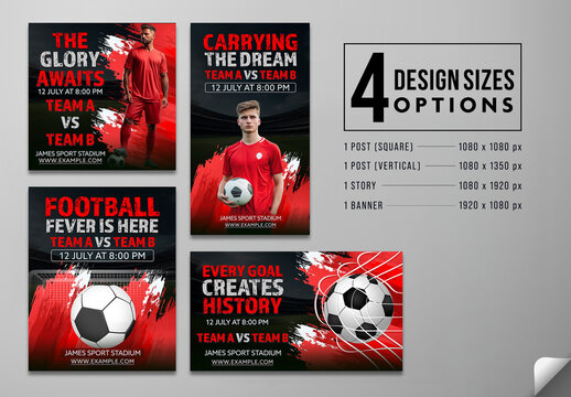 Editable Football Match Day Social Media Post and Banner Template Set in Red and Black Theme with Professional Soccer Players for Sports Event Promotion.