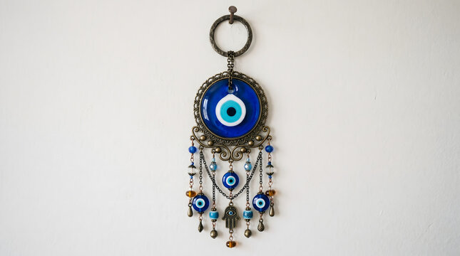 A traditional wall amulet made of blue glass featuring an image of the evil eye and a bronze hamsa pendant, a protective Eastern talisman. AI generated.