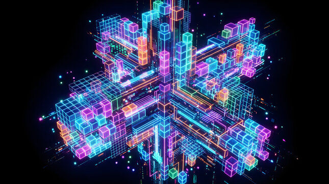Abstract futuristic 3d geometric cube structure with glowing neon lights