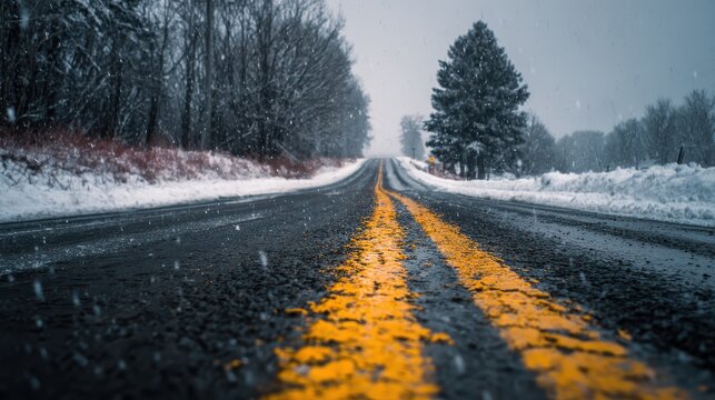 Empty asphalt road with yellow lines during snowfall in a winter landscape with trees