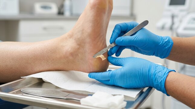 Podiatrist removing callus from the heel using a scalpel blade during a medical pedicure.