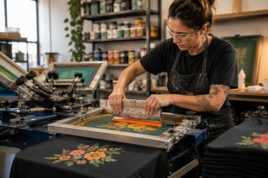 Professional artisan using a squeegee for floral silk screen printing on fabric