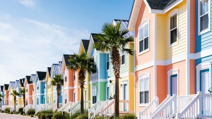 Fototapeta premium Brightly painted houses creating a repetitive architectural pattern, conveying concepts of summer, vacation, and real estate
