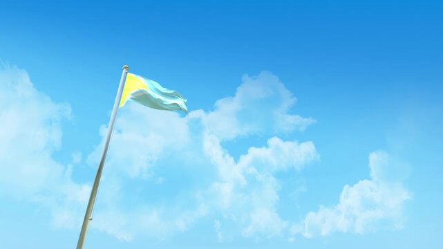 Tuva Flag 3D Render Animation on Pole with Blue Sky and Clouds - Low Angle View