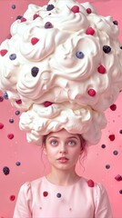 Fototapeta premium Meringue hairstyle on female subject decorated with fresh berries. Whimsical food art with whipped cream and falling fruit on pink background.