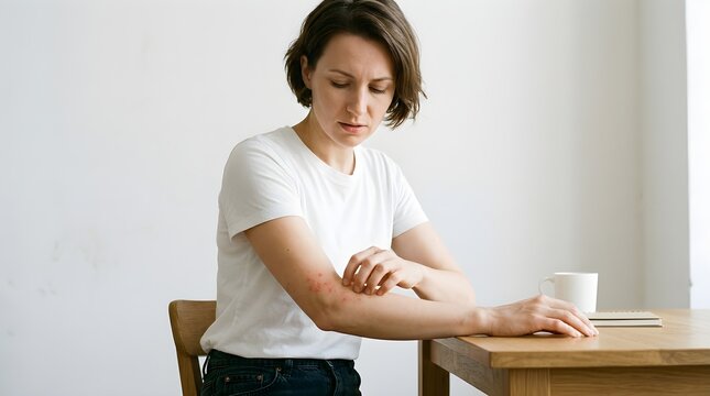 Young woman wearing a plain white t shirt scratching itchy red skin rash on her forearm while sitting at home
