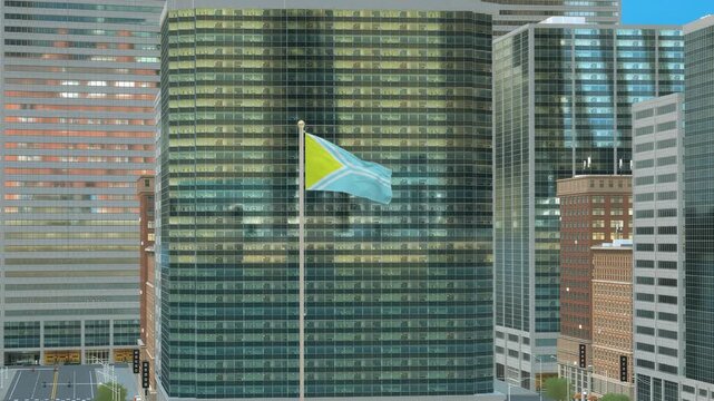 Tuva Flag 3D Render Animation on Pole with Modern Business District Buildings - Daytime View