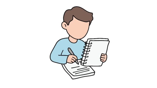 Cartoon boy writing in a spiral notebook illustration