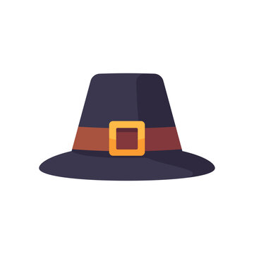 Black pilgrim hat with wide brim, tall rounded crown, brown hatband, and square gold buckle, traditional Thanksgiving headwear and historical costume accessory, colorful illustration