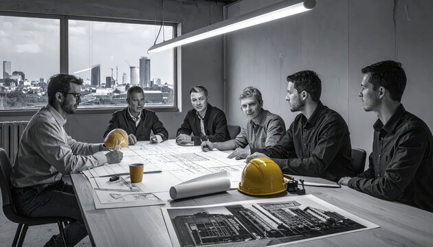 Construction project managers collaborate reviewing blueprints and site progress in a modern office setting