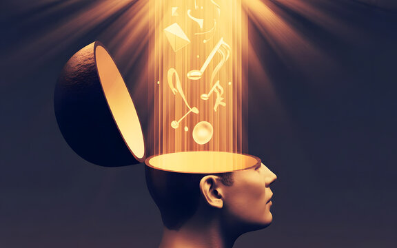 Person Opening Their Head Like a Lid with Glowing Light Pouring Out, Surreal Imagination and Creativity Concept, Mind Expansion, Brilliant Ideas, Innovation and Intellectual Discovery