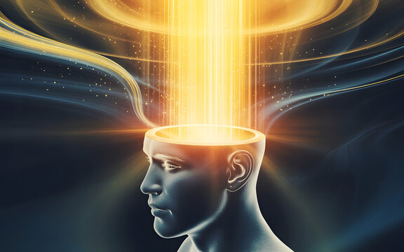 Person Opening Their Head Like a Lid with Glowing Light Pouring Out, Surreal Imagination and Creativity Concept, Mind Expansion, Brilliant Ideas, Innovation and Intellectual Discovery