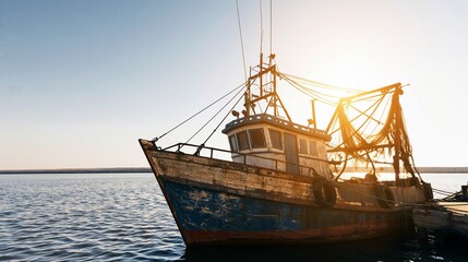 Naklejka premium Old fishing boat resting in quiet harbor at sunset, showing worn wooden hull, rigging, and nets, embodying coastal maritime life