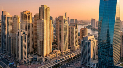 Obraz premium Aerial view of a modern cityscape with tall skyscrapers under a soft orange sunset, symbolizing urban development and metropolitan life