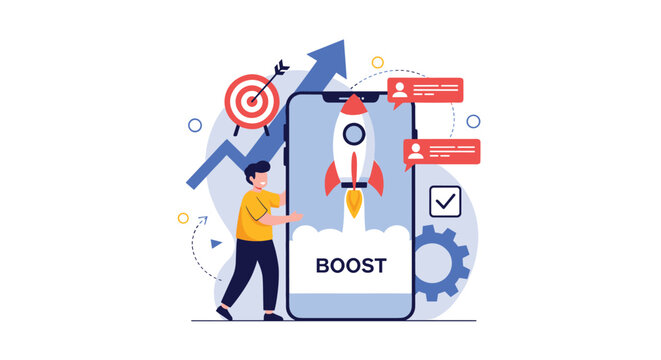 Business growth and marketing boost concept showing man with large smartphone featuring launching rocket, target, and success icons.
