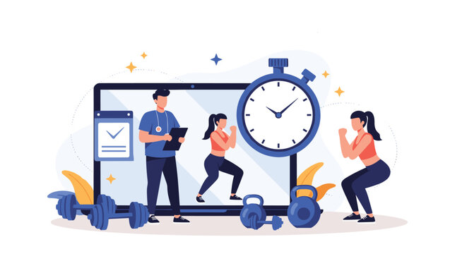 Fitness trainer on a laptop screen guides a woman through an online workout session at home including squats and exercises with gym equipment.