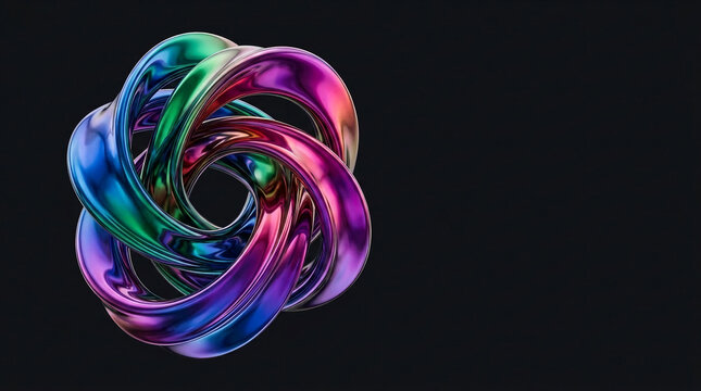 Iridescent metallic ribbon sculpture in swirling pattern, showcasing abstract form and vibrant color spectrum, symbolizing creativity and innovation, ideal for design concepts