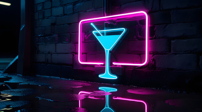 Vibrant neon sign with a cocktail glass inside a rectangular pink frame, glowing LED tube lights on a dark alley brick wall, nightlife party concept.
