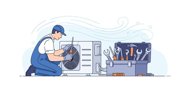 Professional technician in blue overalls repairing an outdoor air conditioning unit using specialized tools from a well equipped metal toolbox.