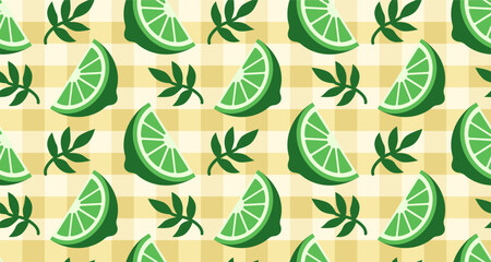 Seamless Pattern of Lime Slices and Mint Leaves on yellow gingham pattern background © drawnbybert