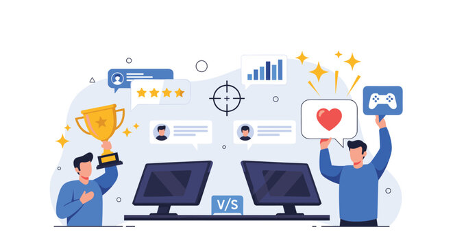 Competitive e-sports gaming match concept with two players facing each other at computers with icons for victory stars and hearts above the screens.