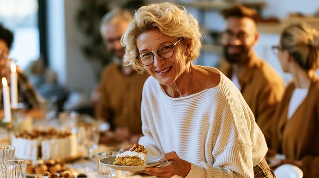 Mature woman smiling, holding a slice of cake during a festive family gathering, celebrating holiday dinner