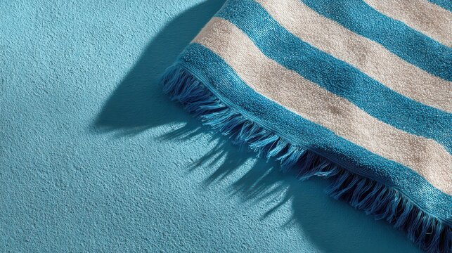 Striped beach towel with fringe on blue textured surface with dramatic shadow during daylight
