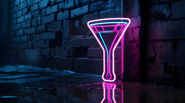 Glowing neon sign of a martini cocktail glass on a dark wet brick wall at night, pink and blue LED lights with reflections, night bar promotion background banner.