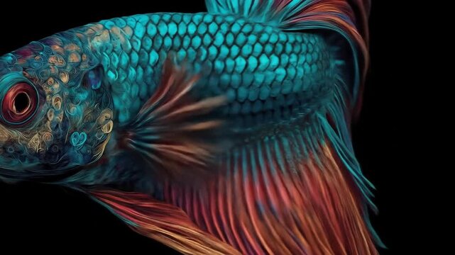 Close up of a colorful betta fish on a black background