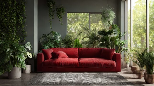 A plush red sofa sits in a sunlit atrium filled with lush green plants and natural light