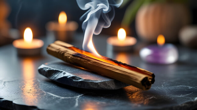 Aromatic Palo Santo smudging stick burning with beautiful smoke column, zen meditation background with warm candlelight, organic spa relaxation aesthetic.