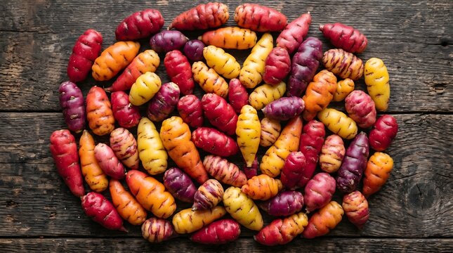 Colorful Oca Tubers on Rustic Wooden Background, Fresh Root Vegetable Harvest Top View