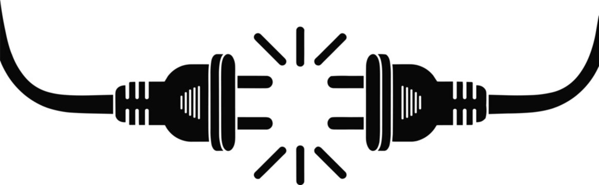 Two electrical plug icons facing each other with energy rays, symbolizing connection, power, communication, technology, interaction