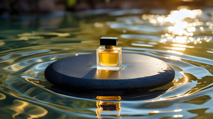 Obraz premium Luxury perfume bottle mockup standing on a black volcanic stone podium inside pure rippling water with bright sun caustic reflections.