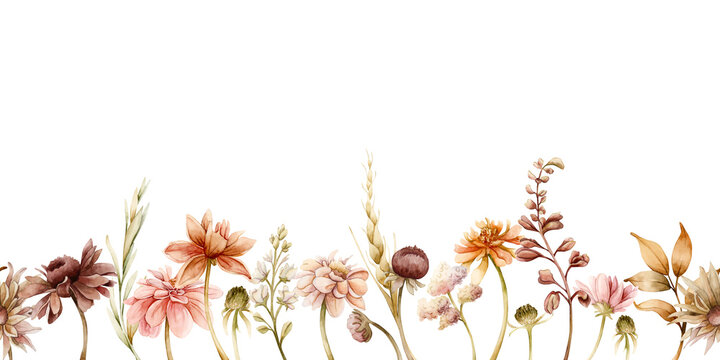 Autumn flower Seamless Border Dahlia Chrysanthemum Aster wildflowers. Watercolor hand drawn floral illustration on white