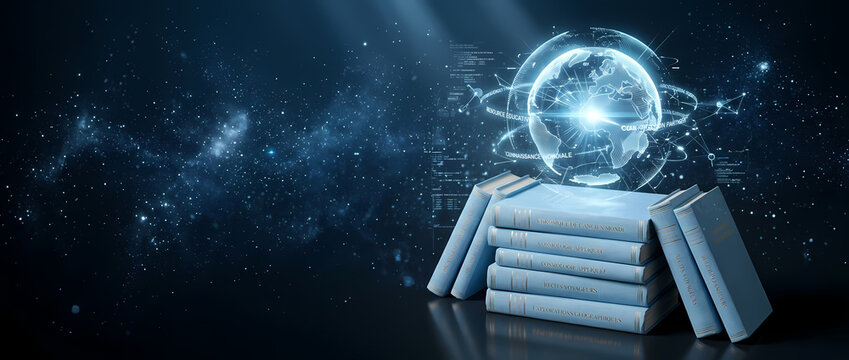 Banni&egrave;re livres bleus avec un globe terrestre flottant dans une atmosph&egrave;re bleu fonc&eacute; : ideal pour &eacute;ducation mondiale, &eacute;tudes internationales et ressources p&eacute;dagogiques