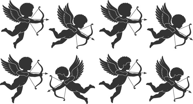 Cupid cherub silhouette pattern with bow arrow flying angel love symbol romantic decoration mythology illustration design