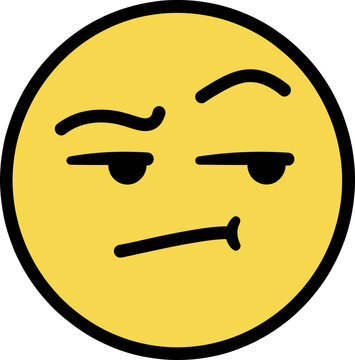 Skeptical thinking emoji face vector, yellow suspicious emoticon with raised eyebrow, doubtful facial expression icon for social media communication