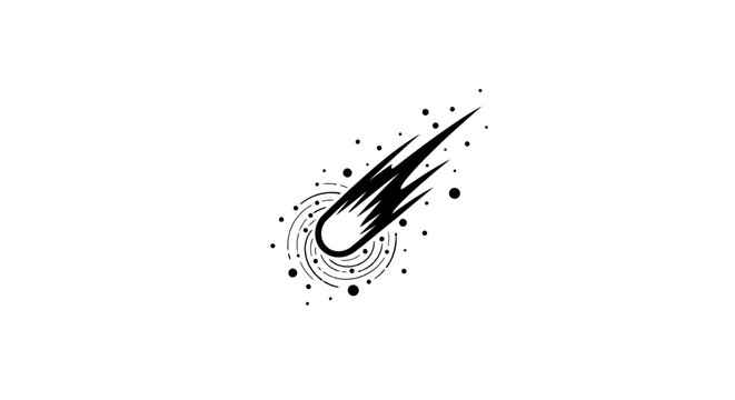 Minimalist Black and White Vector Illustration of a Falling Comet with Celestial Swirls and Cosmic Stardust Elements for Astronomy and Space Graphic Projects