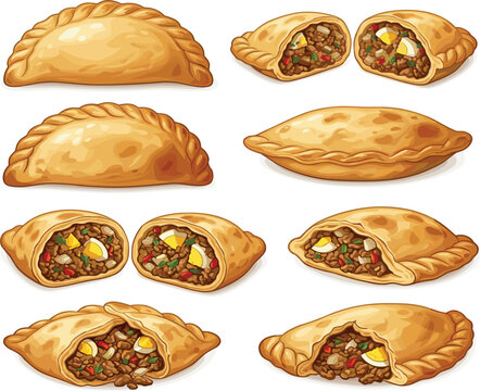 Traditional baked empanadas set with savory meat and egg filling, delicious Latin American pastry vector illustration collection