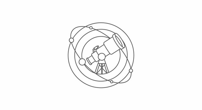 Astronomy telescope icon with orbiting planets and a starry night sky background
