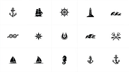 Set of maritime symbols featuring anchors ships wheels lighthouses waves and sea animals. © Somiran