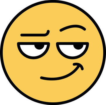 Smirking face emoji vector, yellow circular emoticon with raised eyebrow and sly smile, suspicious and playful facial expression icon