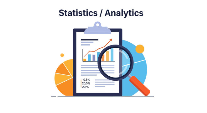 Data Analysis and Financial Statistics Report Illustration Featuring a Clipboard with Business Charts and a Magnifying Glass for Business Intelligence