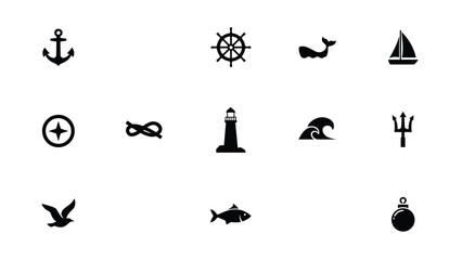 Selection of twelve flat marine icons featuring anchors steering wheels and sea symbols. © Somiran