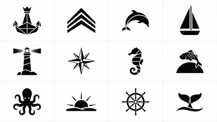 Set of twelve marine themed icons featuring anchors lighthouses sea creatures and sailing. © Somiran