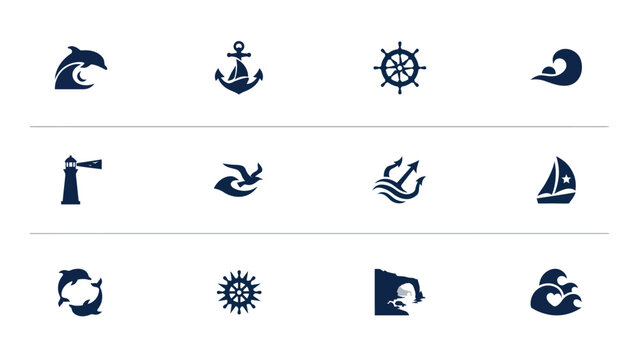Creative collection of nautical vector logo designs representing ocean and sea life.